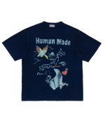 Human Made New Design Indigo T Shirt front view with simple graphic Japan streetwear