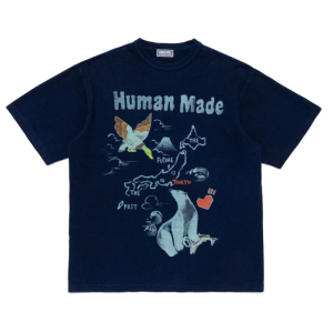 Human Made New Design Indigo T Shirt front view with simple graphic Japan streetwear