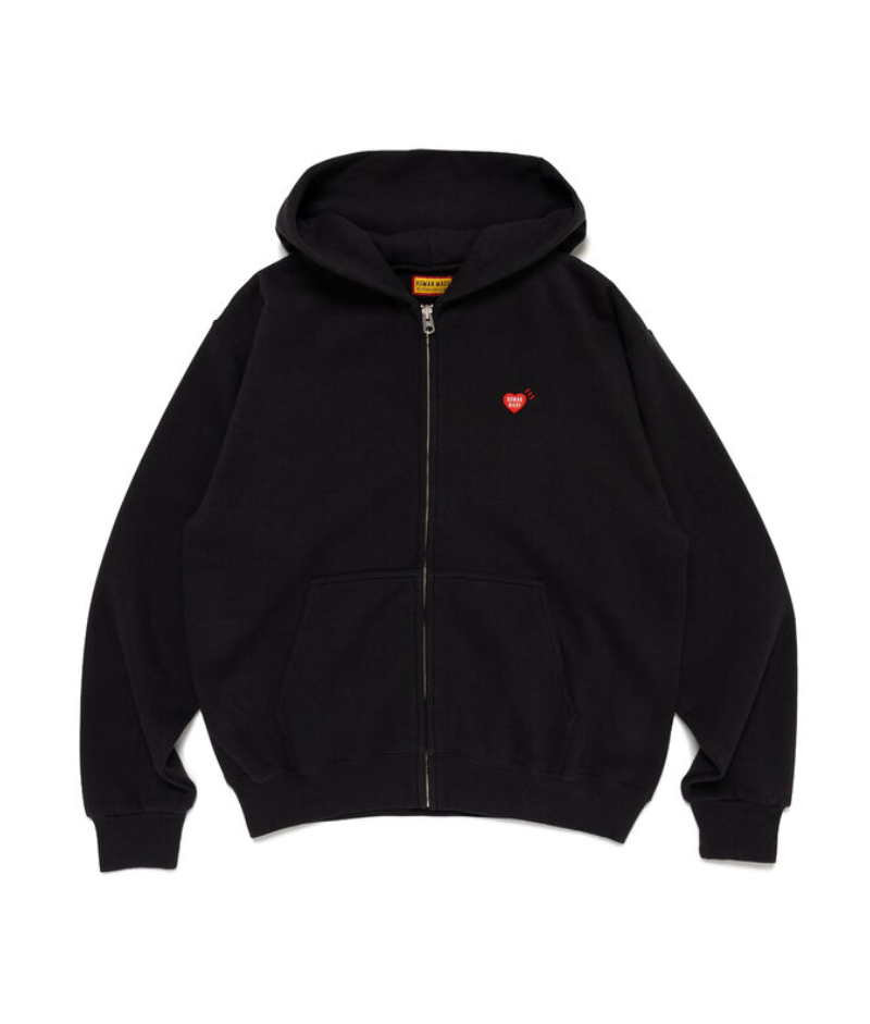 Human Made Red Heart Zip Up Hoodie Black front view