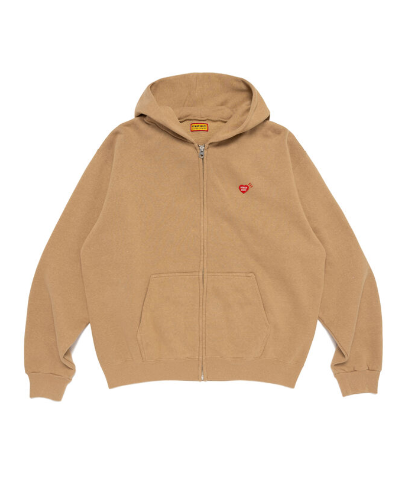 Human Made Red Heart Zip Up Hoodie Beige front view