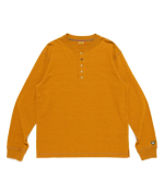 Front view of Human Made Henley Yellow Neck Shirt showing the neckline, front design, sleeves, yellow color, and overall fit.