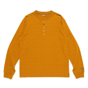 Front view of Human Made Henley Yellow Neck Shirt showing the neckline, front design, sleeves, yellow color, and overall fit.
